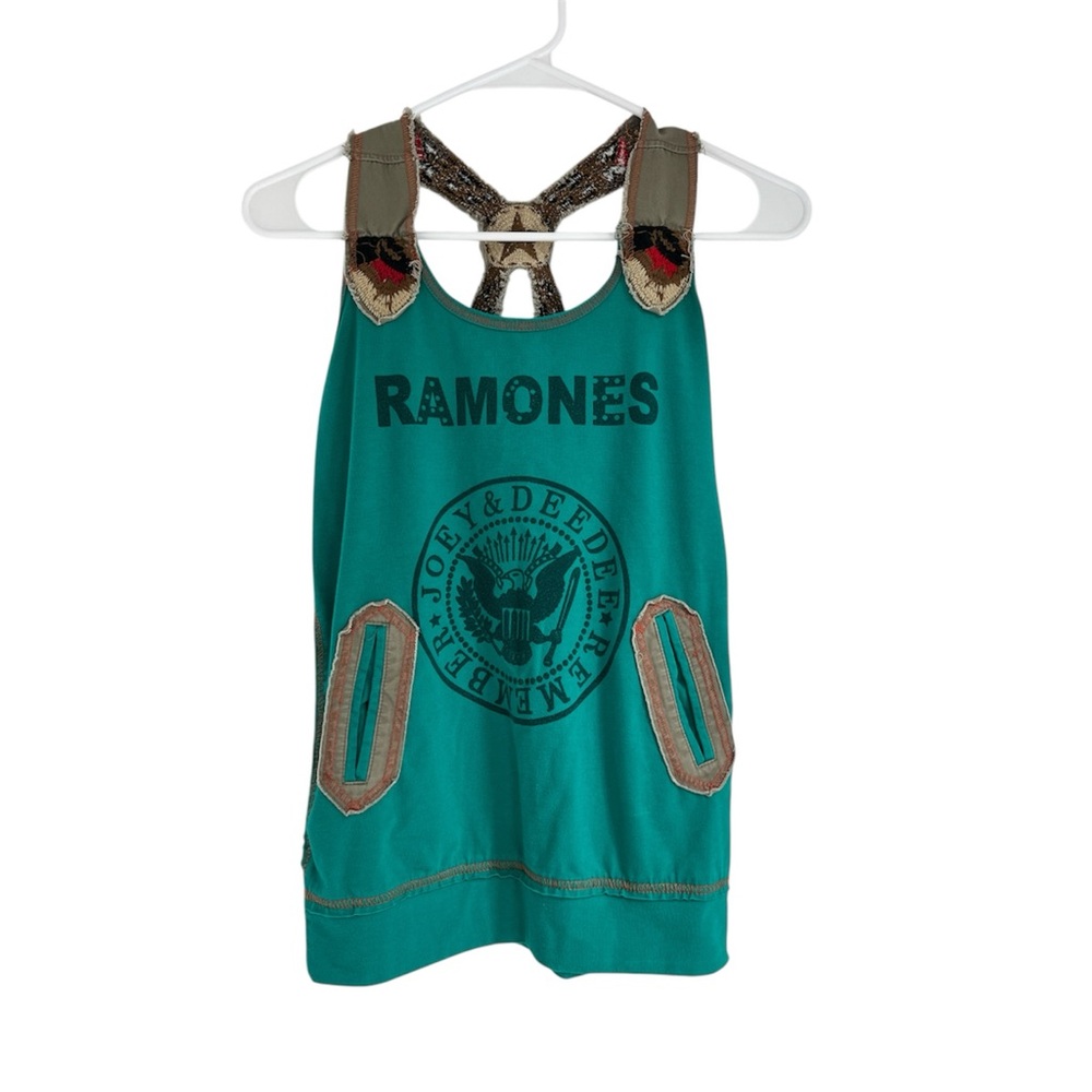 Vintage Ramones Green Crochet Detail Tank with Pockets XS